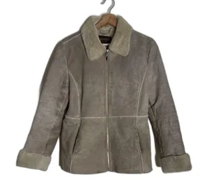 Guess Shearling Jacket Women's Tan Faux Fur Lined Suede Leather Coat Medium thumbnail 1