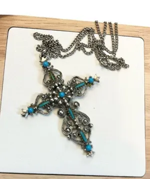 Signed Roma Cross Pendant Necklace Petit Point Faux Turquoise Christian Vintage thumbnail 1