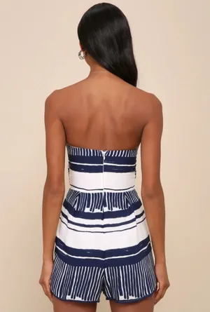 Lulus Delphi Blue & White Striped Tie-Front Strapless Romper - Size XS thumbnail 5