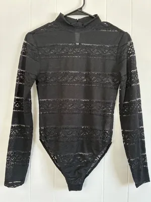 Jolie & Joy Sheer Lace Striped Mock-Neck Bodysuit‎ thumbnail 1