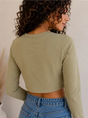 Edikted Olive Green Distressed Cutout Long Sleeve Crop Top Size M NW thumbnail 12