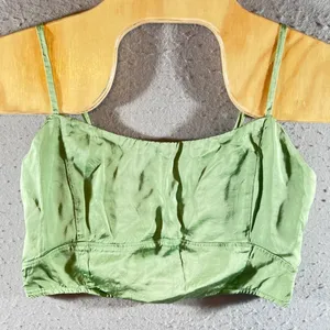 1275 | Aerie Satin Smocked Back‎ Cropped Cami Tank Top Green Womens Large thumbnail 1