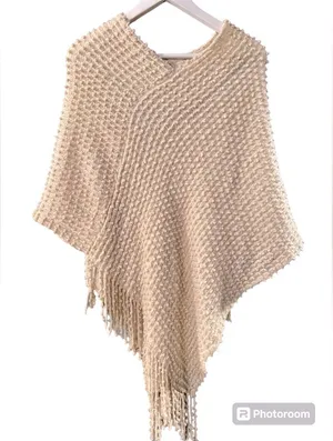 Vintage Poncho SAX Golden Fleck Nubby Knit Fringed Wrap Neutral Oatmeal BOHO thumbnail 1