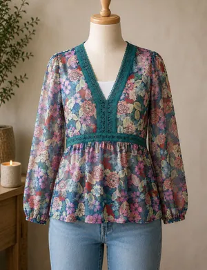 Matilda Jane XL Sheer Floral Boho Blouse Teal Lace Peplum Top thumbnail 1
