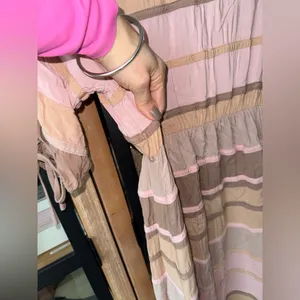 Storia Neopolitan stripes midi dress peach beige short sleeve bows elastic waist thumbnail 10