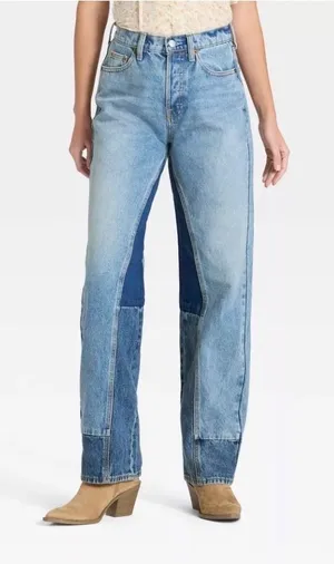 Universal Thread Mid‎ Rise 90s Baggy Patchwork Denim Jeans Women 2S Button Fly thumbnail 1