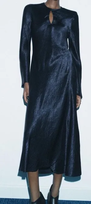 Zara Midnight Blue Long-Sleeve Midi Wrap Dress Size Small thumbnail 1