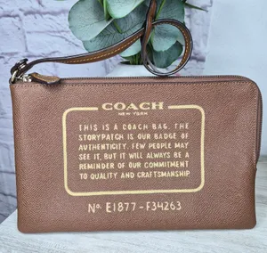 COACH F34263 Large Storypatch Creed Wristlet Pouch Saddle Tan Brown Zip Clutch thumbnail 1