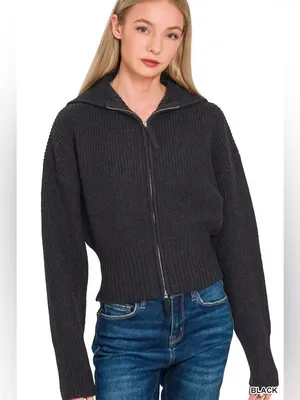 Zenana Black Ribbed Knit Two Way Zip Up Sweater Jacket Oversized Collar Cardigan thumbnail 4