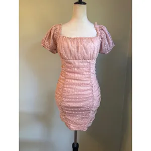 Blashe Pink Dot Ruched Mesh Mini body Dress Puff Sleeve Bodycon y2k dainty Large thumbnail 3