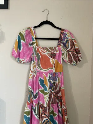 Vibrant Tropical Abstract Print Puff Sleeve Tiered Dress Square Neck Size XS thumbnail 6
