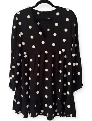 Zara Black Long Sleeve Mini Dress White 3D Polka Dots Pullover Womens Large thumbnail 1