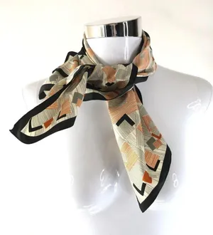 Womens Vintage Scarf Hair Accessory Geometric Squares Black Orange Square 22x23 thumbnail 2