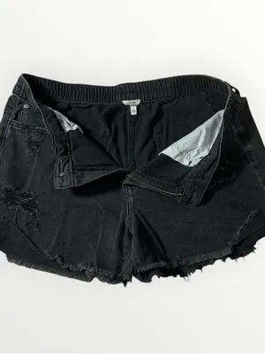 Aerie Black Denim Elastic Waist Distressed Boyfriend Shorts Sz Large #273 thumbnail 4