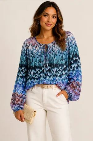 BCBGMAXAZRIA Feather Print Sheer Peasant Blouse Blue Purple Tie Neck Size L thumbnail 1