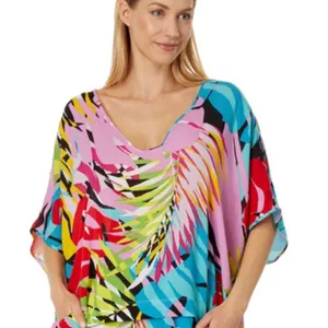 Natori Floral Print Bora Bora Short Sleeve Tunic Caftan Top NEW M thumbnail 1