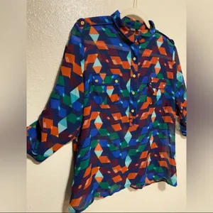 New A.N.A Colorful Geometric Blouse Size L | Semi Sheer Button Front Boho Top thumbnail 5
