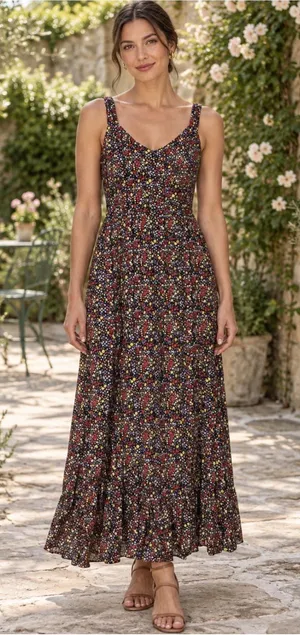 J. Crew Factory Navy Blue Multi Color Floral Ruffle Hem Linen Blend Midi Dress 6 thumbnail 1