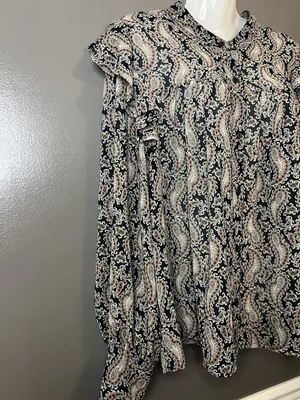 Banana Republic Blouse Womens XL Black Paisley Ruffle Henley Long Sleeve Top thumbnail 3