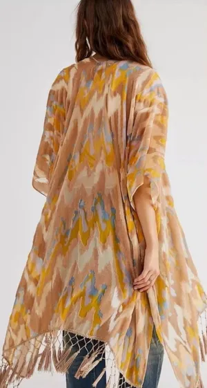 Free People Dripping Velvet Burnout Fringe Kimono Duster Yellow Women’s ONE SIZE thumbnail 1