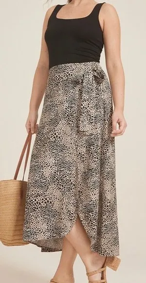 Maurices Animal Print High Rise Faux Wrap Midi Skirt Tan Black thumbnail 1