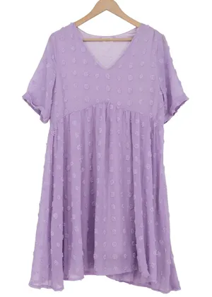 OURS Lavender Purple Swiss Dot Babydoll Mini Dress V-Neck Short Sleeve Medium thumbnail 1