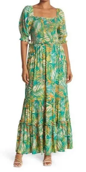 Betsey‎ Johnson Palm Leaf Printed Maxi Dress Medium Tropical Wedding Guest Boho thumbnail 1