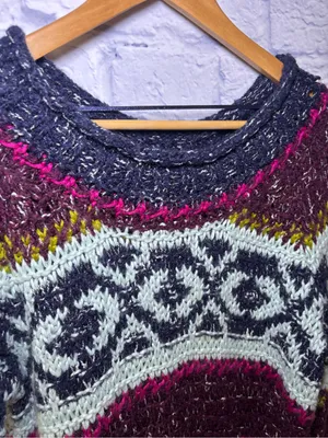 Free People Reed Fair Isle Print Chunk Knit Sweater Wool Linen Alpaca Medium thumbnail 6