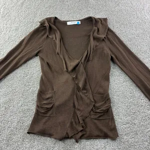 Sparrow Brown‎ Linen Cotton Blend Cardigan Sweater Ruffle Womens M Boho Chic thumbnail 3