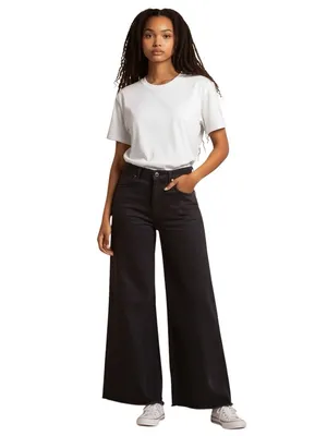 OAT New York Women’s 2 26 Short Black Coated Stretch Wide Leg Raw Hem Jeans NWOT thumbnail 3