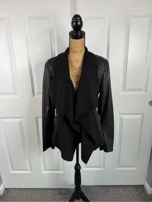 Bar III Black Draped Open Front Mixed Media Faux Leather Jacket Size L thumbnail 2