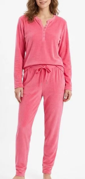 Roudelain 2-PC Pajamas Set Womens M Pink Stretch Fleece Sleepwear Henley Neck‎ thumbnail 1