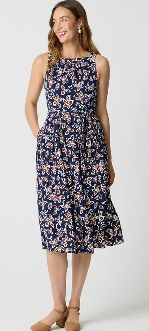 NEW J.Crew High Neck Tie Waist Midi Dress Cottagecore Floral Antique Navy US 16 thumbnail 1