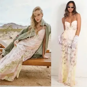 For Love & Lemons Lace Floral Maxi Gown Pastel Multi Pink Yellow NWT M thumbnail 3