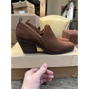 Lucky Brand Women's Vennia Brown Nubuck Leather Booties Stacked Heel Slip On thumbnail 3
