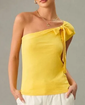 Anthropologie Maeve One Shoulder Bow Top Yellow Size Small New thumbnail 1