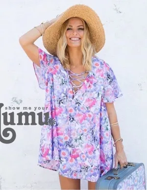 Show Me Your Mumu Lavender & Pink Floral Lace-Up Tunic thumbnail 1