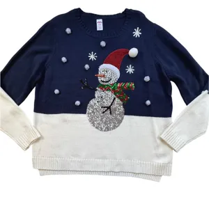 Holiday Time Snowman Sequin Ugly Christmas Sweater Womens 2X 20 Navy‎ White Poms thumbnail 1