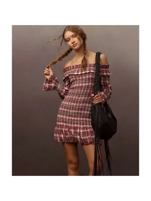 Anthropologie Pilcro Smocked Plaid Off-Shoulder Ruffle Mini Dress M Red White thumbnail 3