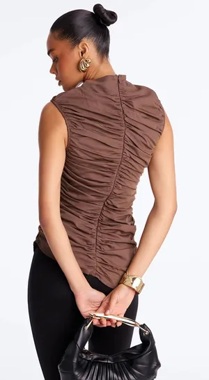 Naked Wardrobe NEW Women XS Espresso Brown Ruched Sleeveless Top Minimalist Chic thumbnail 1