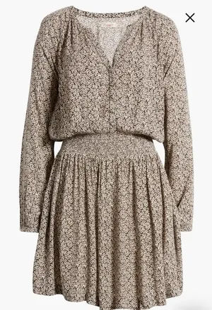 Faherty Dress Brown Montara Leaf Batik Long Sleeve Mini Smocked Swing Flowy XXS thumbnail 1