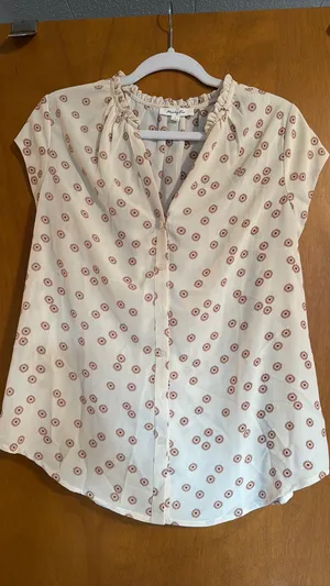 Monday Fun Ruffle Neck Cap Sleeve Blouse L White Size L thumbnail 1