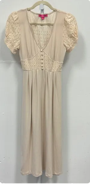 Betsey Johnson Mosaic Lace Puff-Sleeve Midi Dress Crochet Back Cream Sm JL408532 thumbnail 1
