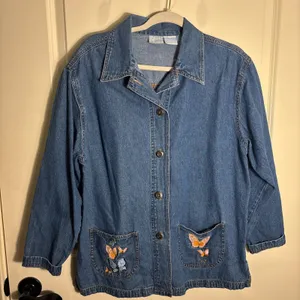 VTG Blair Blue Denim Shacket Overshirt Women Medium 100% Cotton Floral‎ Pockets thumbnail 1