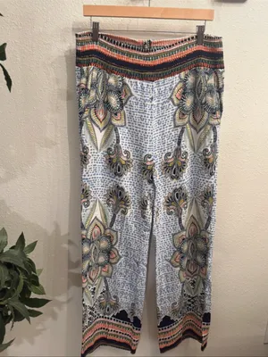 Lulumari Boho Linen Wide Leg Pants PA51260 Blue Multi S thumbnail 2