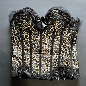 VAACODOR Women’s Leopard Print Corset Side Zip Back Tie Lace Bows Sz XXL Y2K EUC thumbnail 2
