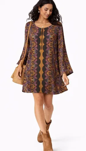 Free People Paisley Bell Sleeve Mini Dress Yellow Purple Boho Retro Size 4‎ thumbnail 1