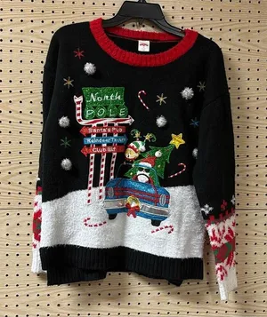 Holiday Time Christmas Santa And Elves Retro Ugly Tacky Sweater Glitter Quirky thumbnail 1