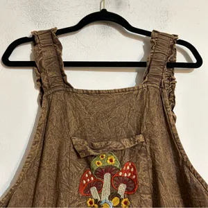 Earthbound Patchwork Eyelet Mushroom Embroidered Overalls Granola Boho Cottage thumbnail 6