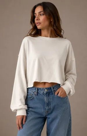 NIA Women Sweatshirt XL Cream Cropped Raw Hem Drop Shoulder French Terry thumbnail 1